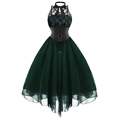 YEBIRAL Damen Gothic Kleid Cocktailkleid Spitze Abendkleider Rockabilly Retro Vintage Steampunk Neckholder Kleid Chiffonkleid Elegant Ärmellos A-Line Partykleid Festliche Kleider von YEBIRAL