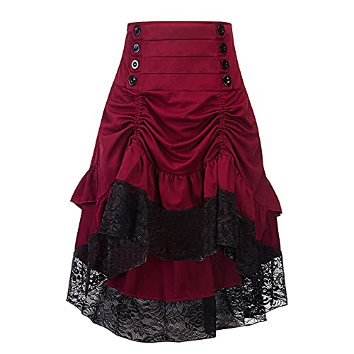YEBIRAL Damen Gothic Rock Hohe Taille Spitze Skaterrock A-Linie Vintage Rockabilly Rock vorne kurz hinten lang Festliche Röck von YEBIRAL