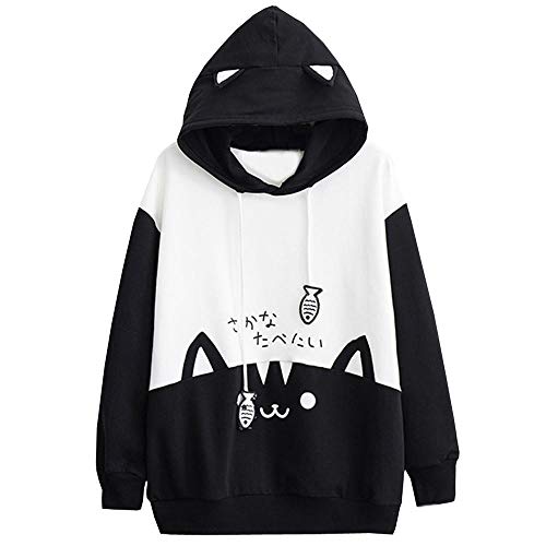 YEBIRAL Damen Herbst Hoodies mit Katzenohren, Mädchen Katze Gedruckt Kapuzenpullover Mode Sweatshirt Casual Langarm Pulli Pullover Oberteile Tops(L,Schwarz) von YEBIRAL