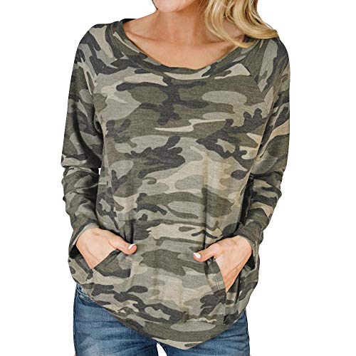 YEBIRAL Damen Herbst Sweatshirt Camouflage Lange Ärmel Tops Oberteile Jumper Sweater Casual Rundhals Pullover mit Tasche von YEBIRAL