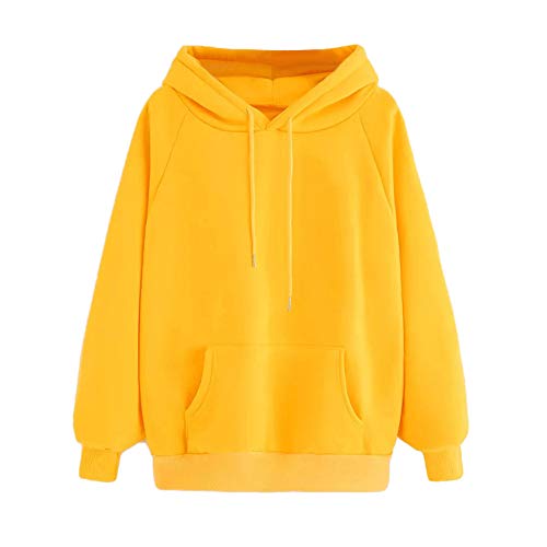 YEBIRAL Damen Herbst Winter Hoodie Frauen Sweatshirt Pullover Oberteile Langarmshirt Kapuzenpullover Mode-Bequem-Casual Pulli mit Kordel und Taschen(L,Gelb) von YEBIRAL