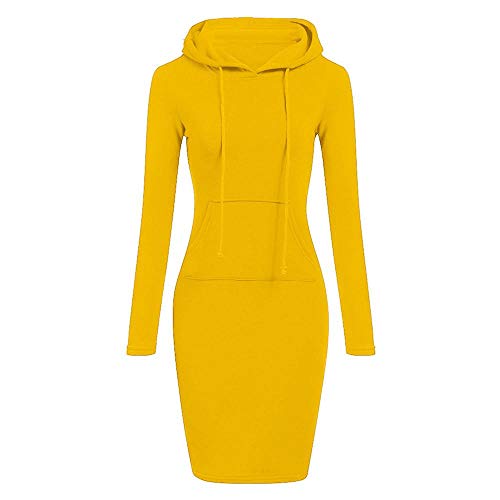 YEBIRAL Damen Herbst Winter Hoodie Kleid Langarm Pulloverkleid Kapuzenkleid Lässig Einfarbig Sweatshirt Enges Kleid(L,Gelb) von YEBIRAL