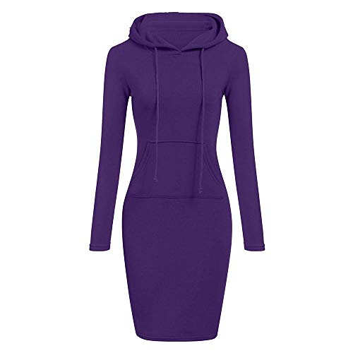 YEBIRAL Damen Herbst Winter Hoodie Kleid Langarm Pulloverkleid Kapuzenkleid Lässig Einfarbig Sweatshirt Enges Kleid(M,Violett) von YEBIRAL