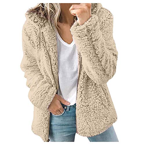 YEBIRAL Damen Herbst Winter Jacke Fleecejacke mit Kapuzen Frauen Fleecemantel Mode Warme Casual Plüschjacke Teddy-Fleece Langarm Übergangsjacke Kapuzenjacke Sweatjacke Outwear(XL,Khaki) von YEBIRAL