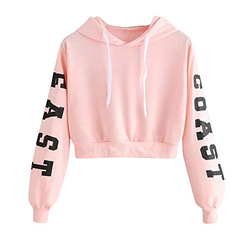 YEBIRAL Damen Hoodie Mädchen Kapuzenpulli Briefdruck Bauchfrei Pullover Oberteile Kurz Sport Crop Tops Sweater Sweatshirt Sweatjacke(M,Rosa) von YEBIRAL