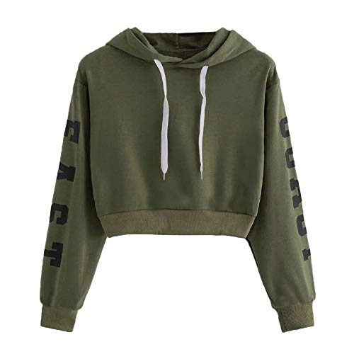 YEBIRAL Damen Hoodie Mädchen Kapuzenpulli Briefdruck Bauchfrei Pullover Oberteile Kurz Sport Crop Tops Sweater Sweatshirt Sweatjacke (Armeegrün, L) von YEBIRAL