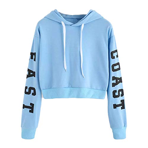 YEBIRAL Damen Hoodie Mädchen Kapuzenpulli Briefdruck Bauchfrei Pullover Oberteile Kurz Sport Crop Tops Sweater Sweatshirt Sweatjacke (Blau, XS) von YEBIRAL