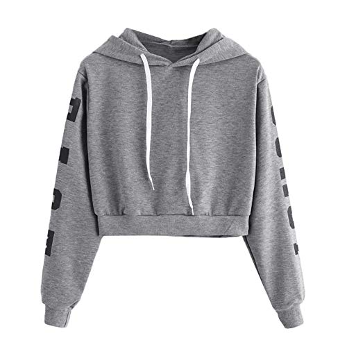 YEBIRAL Damen Hoodie Mädchen Kapuzenpulli Briefdruck Bauchfrei Pullover Oberteile Kurz Sport Crop Tops Sweater Sweatshirt Sweatjacke (Grau, M) von YEBIRAL