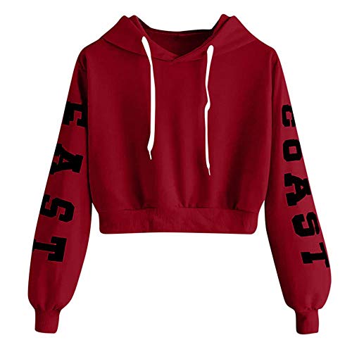 YEBIRAL Damen Hoodie Mädchen Kapuzenpulli Briefdruck Bauchfrei Pullover Oberteile Kurz Sport Crop Tops Sweater Sweatshirt Sweatjacke (Rot, M) von YEBIRAL