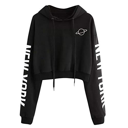 YEBIRAL Damen Hoodie Mädchen Kapuzenpulli Briefdruck Bauchfrei Pullover Oberteile Kurz Sport Crop Tops Sweater Sweatshirt Sweatjacke (Y- Schwarz, S) von YEBIRAL