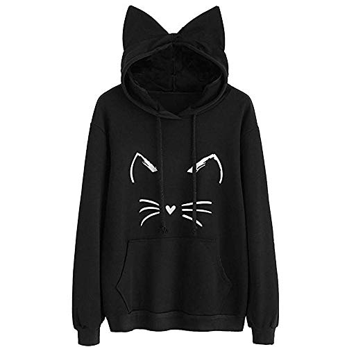 YEBIRAL Damen Hoodie Pullover mit Katzenohren, Mode Mädchen Lässig Outwear Bedruckt Langarm Pulli Oberteile Streetwear Sweatshirt Kapuzenpullover(M,Schwarz) von YEBIRAL