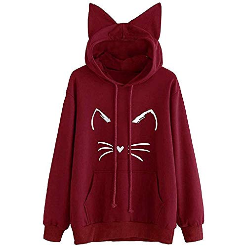 YEBIRAL Damen Hoodie Pullover mit Katzenohren, Mode Mädchen Lässig Outwear Bedruckt Langarm Pulli Oberteile Streetwear Sweatshirt Kapuzenpullover(XL,Rotwein) von YEBIRAL