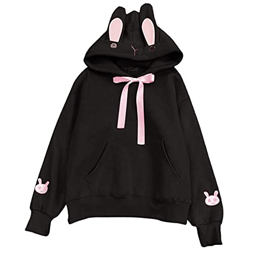 YEBIRAL Damen Hoodie Sweatshirt Herbst Winter Teenager Mädchen Kapuzenpullover Lose Pullover Koreanisch Kawaii Hasen Ohren Kapuzenpulli Tops Karikatur Sweatjacke mit Kapuze von YEBIRAL