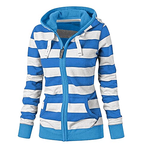 YEBIRAL Damen Kapuzenpullover Sweatjacke Gestreift Zip Hoodie Frauen Casual Kapuzenpulli Langarm Pullover Outwear Kapuzenjacke Sweatshirt Jacke mit Kapuze Tasche (Blau, L) von YEBIRAL