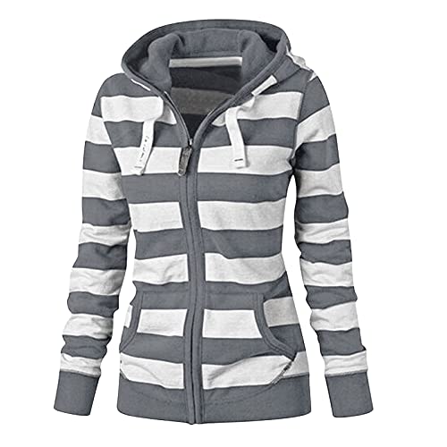 YEBIRAL Damen Kapuzenpullover Sweatjacke Gestreift Zip Hoodie Frauen Casual Kapuzenpulli Langarm Pullover Outwear Kapuzenjacke Sweatshirt Jacke mit Kapuze Tasche (Grau, M) von YEBIRAL