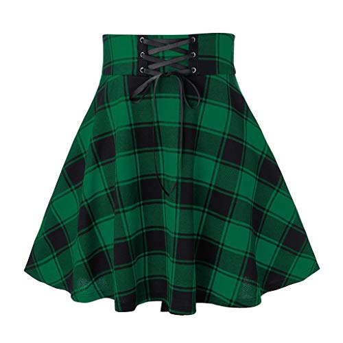 YEBIRAL Damen Kariert Rock Gothic Faltenrock A Linie Hohe Taille Kurz Schnüren Mini Skater Rock Mädchen Basic Plaid Glockenrock von YEBIRAL