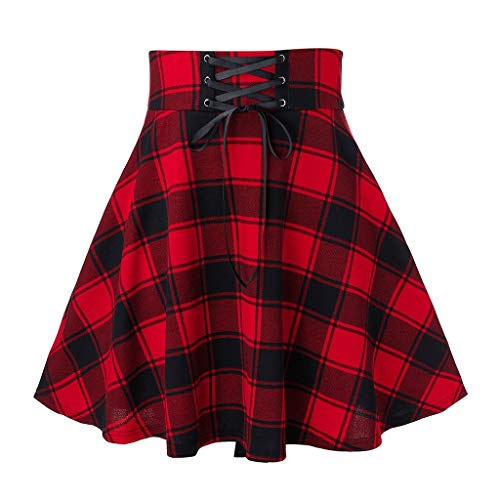 YEBIRAL Damen Kariert Rock Gothic Faltenrock A Linie Hohe Taille Kurz Schnüren Mini Skater Rock Mädchen Basic Plaid Glockenrock von YEBIRAL