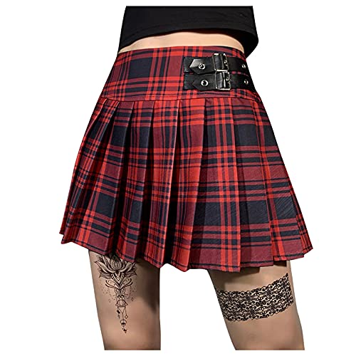 YEBIRAL Damen Kurz Faltenrock Kariert Minirock A Linie Hohe Taille Schulmädchen Beiläufig Skater Rock Gothic Stil Röcke von YEBIRAL