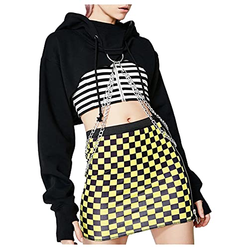 YEBIRAL Damen Kurz Hoodie Kapuzenpullover Langarm Gothic Schwarz Bauchfreie Oberteile Pullover Teenager Mädchen Crop Tops Sweatshirt mit Metall Kette von YEBIRAL