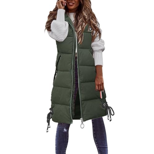 YEBIRAL Damen Lang Weste Steppweste Winter Daunenweste Übergangsweste Winterjacke Longweste Winterweste Leichte Warm Gesteppt Casual Reißverschluss Pufferjacke mit Kapuze Daunenmantel von YEBIRAL