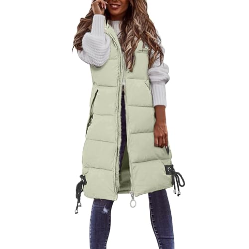 YEBIRAL Damen Lang Weste Steppweste Winter Daunenweste Übergangsweste Winterjacke Longweste Winterweste Leichte Warm Gesteppt Casual Reißverschluss Pufferjacke mit Kapuze Daunenmantel von YEBIRAL