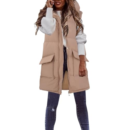 YEBIRAL Damen Lang Weste Steppweste Winter Daunenweste Übergangsweste Winterjacke Longweste Winterweste Leichte Warm Gesteppt Casual Reißverschluss Pufferjacke mit Kapuze Daunenmantel von YEBIRAL