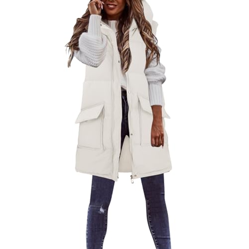 YEBIRAL Damen Lang Weste Steppweste Winter Daunenweste Übergangsweste Winterjacke Longweste Winterweste Leichte Warm Gesteppt Casual Reißverschluss Pufferjacke mit Kapuze Daunenmantel von YEBIRAL