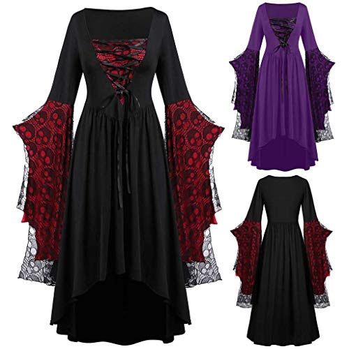 YEBIRAL Damen Langarm Mesh Mittelalter Kleid Bodenlangen Maxikleid Große Größen Renaissance Cosplay Dress Party Kostüm Lang Halloween Kostüm (Y- Schwarz, XL) von YEBIRAL