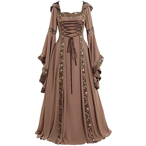 YEBIRAL Damen Langarm Mittelalter Kleid Bodenlangen Gebunden Taille Maxikleid Gothic Retro Kleid Prinzessin Renaissance Cosplay Dress Party Festlich Halloween Karneval Kostüm (Y-1 Khaki, 5XL) von YEBIRAL