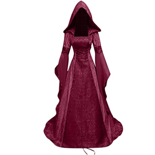 YEBIRAL Damen Langarm Mittelalter Kleid Bodenlangen Gebunden Taille Maxikleid Gothic Retro Kleid Prinzessin Renaissance Cosplay Dress Party Festlich Halloween Karneval Kostüm (Y-2 Weinrot, 3XL) von YEBIRAL