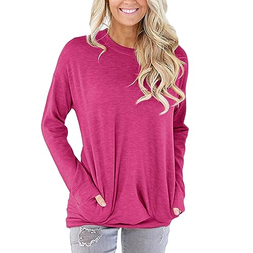 YEBIRAL Damen Langarmshirt Rundhals Oberteile Einfarbige T-Shirt Elegant Pullover Casual Lose Sweatshirt mit Tasche Basic Shirts Tunika Bluse Tops von YEBIRAL