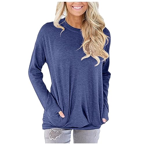 YEBIRAL Damen Langarmshirt Rundhals Oberteile Einfarbige T-Shirt Elegant Pullover Casual Lose Sweatshirt mit Tasche Basic Shirts Tunika Bluse Tops von YEBIRAL