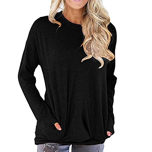 YEBIRAL Damen Langarmshirt Rundhals Oberteile Einfarbige T-Shirt Elegant Pullover Casual Lose Sweatshirt mit Tasche Basic Shirts Tunika Bluse Tops von YEBIRAL