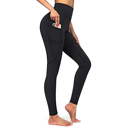 YEBIRAL Damen Leggings, Sporthose Lang Sportleggins, Blickdicht Yoga Hose, High Waist Sport Leggins Fitnesshose mit Taschen(M,Schwarz) von YEBIRAL