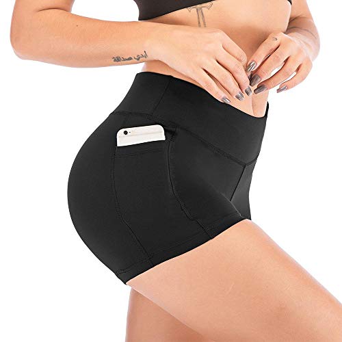 YEBIRAL Damen Leggings Kurz Yogahose Sporthose Tights Laufhose High Waist Shorts mit Taschen Dehnbar Fitnesshose für Yoga Sport Workout Gym Jogging(S,Schwarz) von YEBIRAL