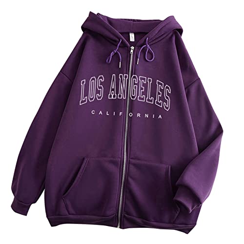 YEBIRAL Damen Los Angeles Brief Hoodie Zip Kapuzenpullover Sweatjacke Herbst Winter Langarm Buchstaben Druck Oversized Pullover Teenager Mädchen Sweatshirt mit Kapuze Kapuzenjacke von YEBIRAL