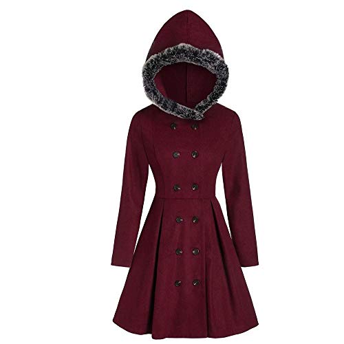 YEBIRAL Damen Mäntel Lange Winter Wollmantel Dickere Mit Faux Pelz Kapuze Warm Mantel Jacke Outwear Zweireihig Trenchcoat(XL,Rot) von YEBIRAL