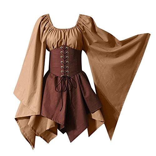 YEBIRAL Damen Mittelalter Kleid mit Trompetenärmel Gothic Retro Kleid Renaissance Cosplay Kostüm Gebunden Taille Übergröße Kleid Karneval Party Halloween Kostüm von YEBIRAL