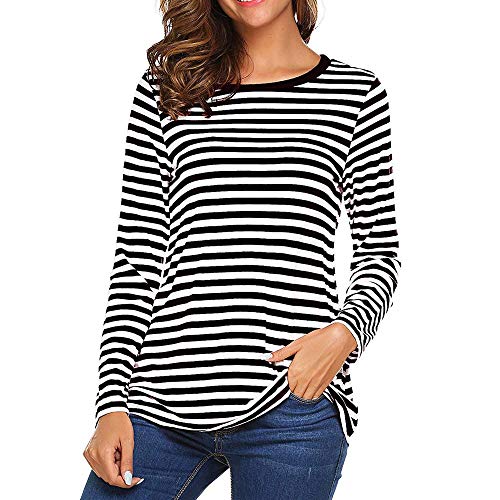 YEBIRAL Damen Pulli Langarmshirt Basic T-Shirt mit Streifen Rundhals Ausschnitt Casual Lose Hemd Pullover Oberteil Sweatshirt Bluse Tops(L,Schwarz) von YEBIRAL