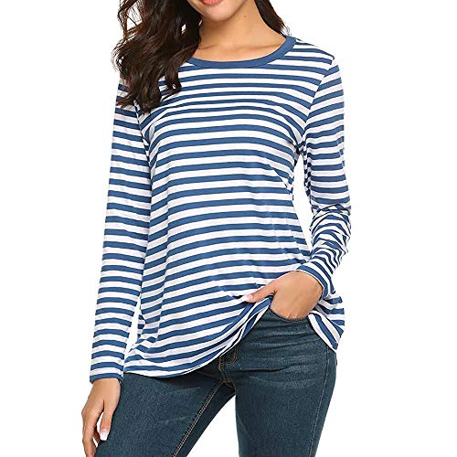 YEBIRAL Damen Pulli Langarmshirt Basic T-Shirt mit Streifen Rundhals Ausschnitt Casual Lose Hemd Pullover Oberteil Sweatshirt Bluse Tops(M,Blau) von YEBIRAL