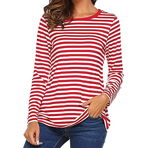 YEBIRAL Damen Pulli Langarmshirt Basic T-Shirt mit Streifen Rundhals Ausschnitt Casual Lose Hemd Pullover Oberteil Sweatshirt Bluse Tops(M,Rot) von YEBIRAL