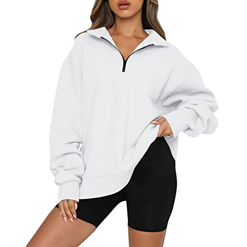 YEBIRAL Damen Pullover Herbst Winter Langarm V-Ausschnitt 1/4 Zipper Sweatjacke Einfarbig Locker Frauen Oversize Pulli Oberteile Sweatshirtjacke Casual Sport Sweatshirt von YEBIRAL