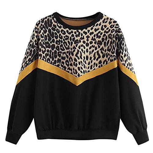 YEBIRAL Damen Pullover mit Leopard Bedruckt Patchwork Langarm Oberteile Pulli Rundhalsausschnitt Sweatshirt(M,Schwarz) von YEBIRAL