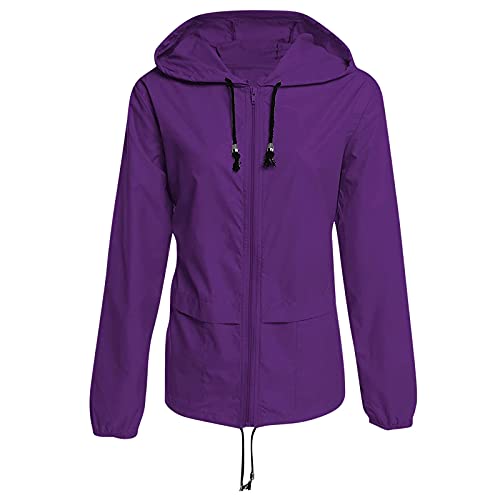 YEBIRAL Damen Regenjacke Leichte Jacke Frauen Wasserdicht Jacke Windjacke Windbreaker Kurze Regenmantel mit Kapuze Übergangsjacke Outdoor Funktionsjacke für Radfahren Wandern Camping (A-lila, M) von YEBIRAL
