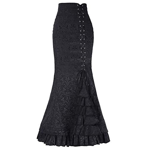 YEBIRAL Damen Röcke Vintage Viktorianischen Stil Figurbetont Hohe Taile Bandage Rüschen Jacquard Fischschwanz Meerjungfrau Langen Rock (L,Schwarz) von YEBIRAL