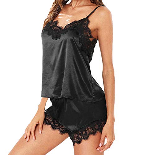 YEBIRAL Damen Schlafanzug Spitzen Nachtwäsche Zweiteiliger Nachthemd Pyjama Top und Kurz Hosen Negligee Set Mit Verstellbaren Trägern(XL,Schwarz) von YEBIRAL