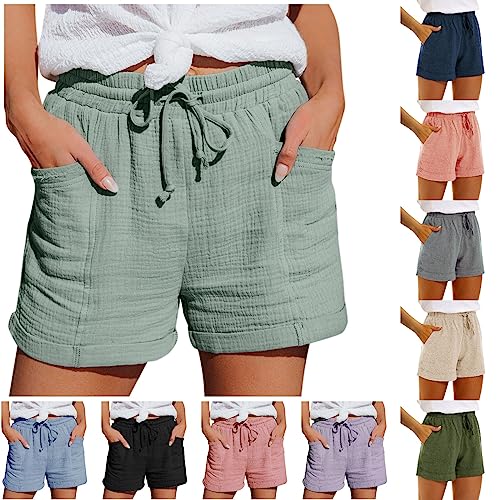 YEBIRAL Damen Shorts Sommer Lässige Kordelzug Kurze Hosen Locker Beiläufige Elastische Taille Stoffhose Hotpants Einfarbig Baumwolle Leinen Sport Strand Shorts mit Taschen von YEBIRAL