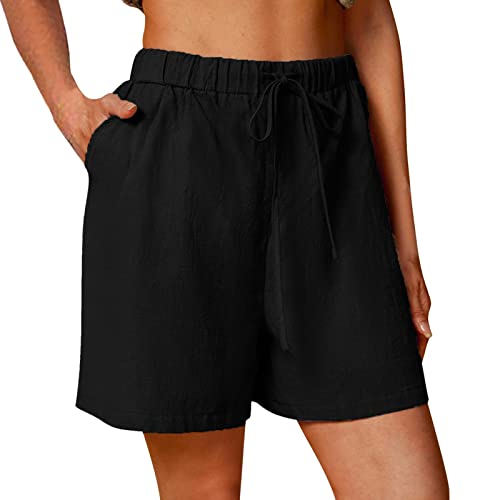 YEBIRAL Damen Shorts Sommer Lässige Kordelzug Kurze Hosen Locker Beiläufige Elastische Taille Stoffhose Hotpants Einfarbig Baumwolle Leinen Sport Strand Shorts mit Taschen von YEBIRAL