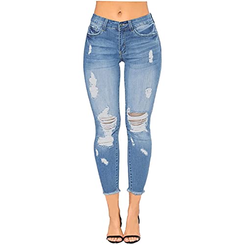 YEBIRAL Damen Skinny 7/8 Jeans Stretch Hight Waist Jeans Hose mit Löchern Damenjeans Lässig Denim Pants Destroyed Jeggings Jeanshose von YEBIRAL