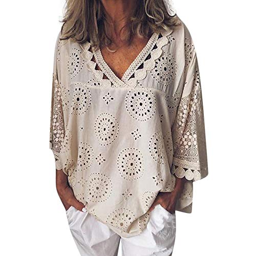 YEBIRAL Damen Sommer V-Ausschnitt T-Shirt Halbe Hülse Freizeit Tunika Tops Oberteil Strand Lose Kurzarmshirt Pullover Bluse Große Größe S-5XL(XXL,Beige) von YEBIRAL